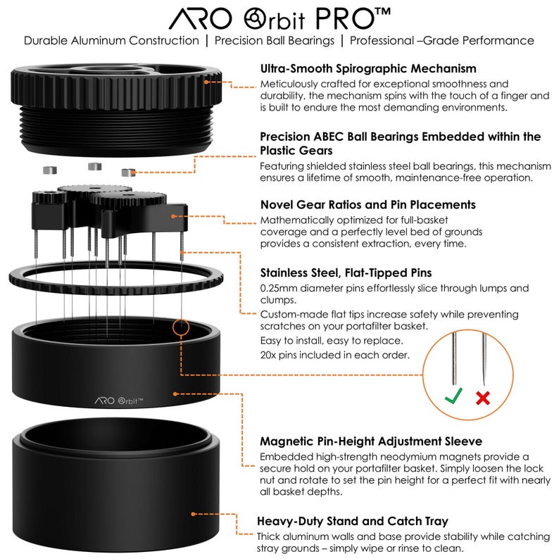 ARO Orbit PRO™ | Aluminum Spirographic Espresso Distribution Tool | Geared WDT for Home Baristas and Professional Cafés